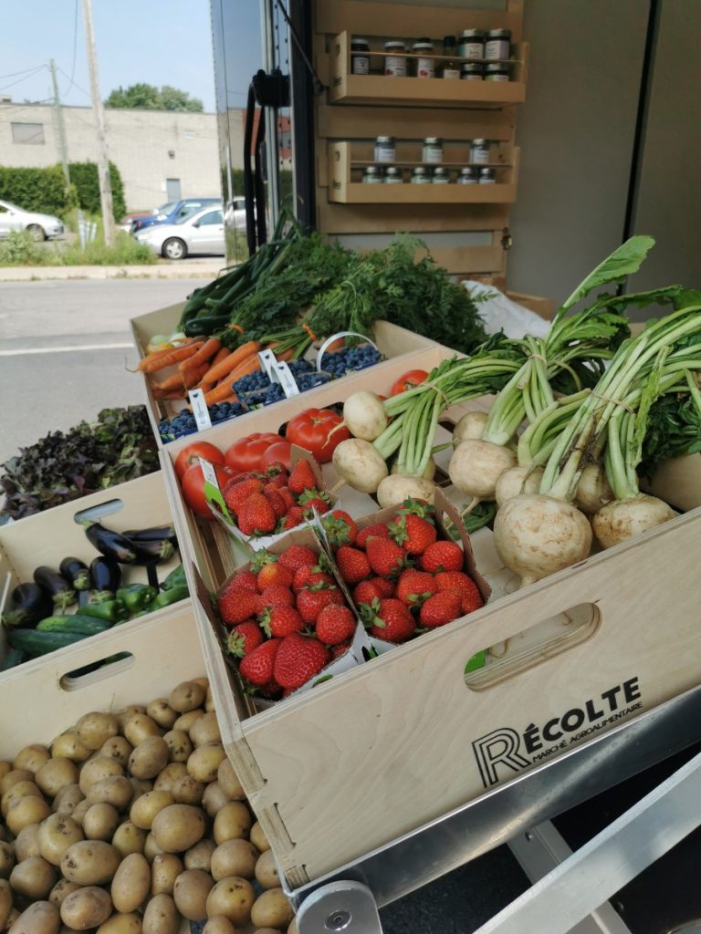 Légumes frais sur les étalages de la remorque.